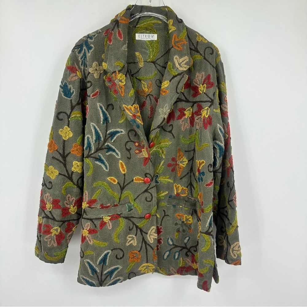 Citron Embroidered Floral Blazer Jacket Long Line Colorful Womens Medium V596